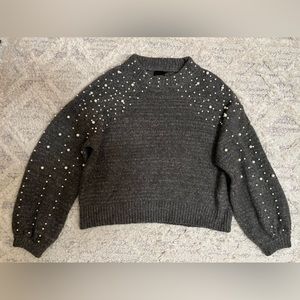Cliche Grey Gray Charcoal Knit Pearl Beaded Mock Neck Balloon Sleeve Sweater S
